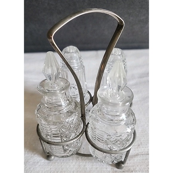 Eales Of Sheffield Cut Glass 4 Bottle Condiment Cruet Caddy Silver Plated VTG - Picture 1 of 10